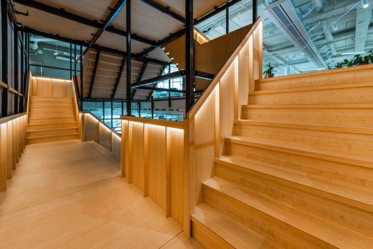 Adyen: Light wooden staircase rising through a glass-walled stairwell