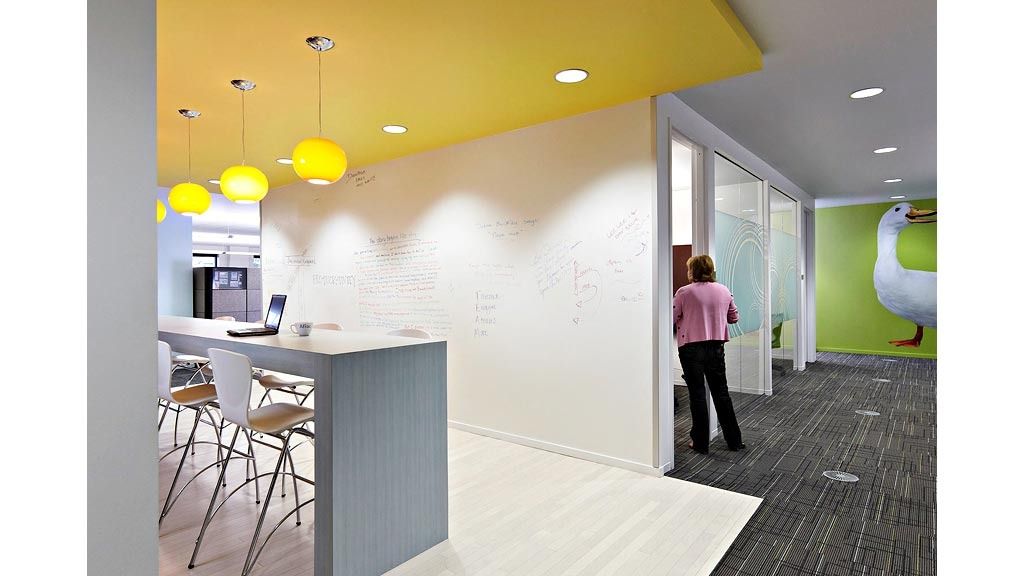 Aflac: A pantry with yellow pendant lamps and a white counter