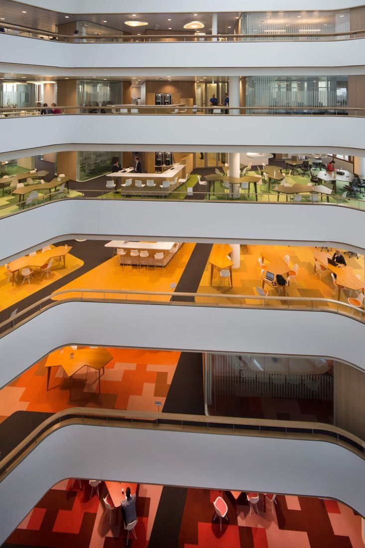 AkzoNobel: View down an atrium past floors with green, orange and red colour tones
