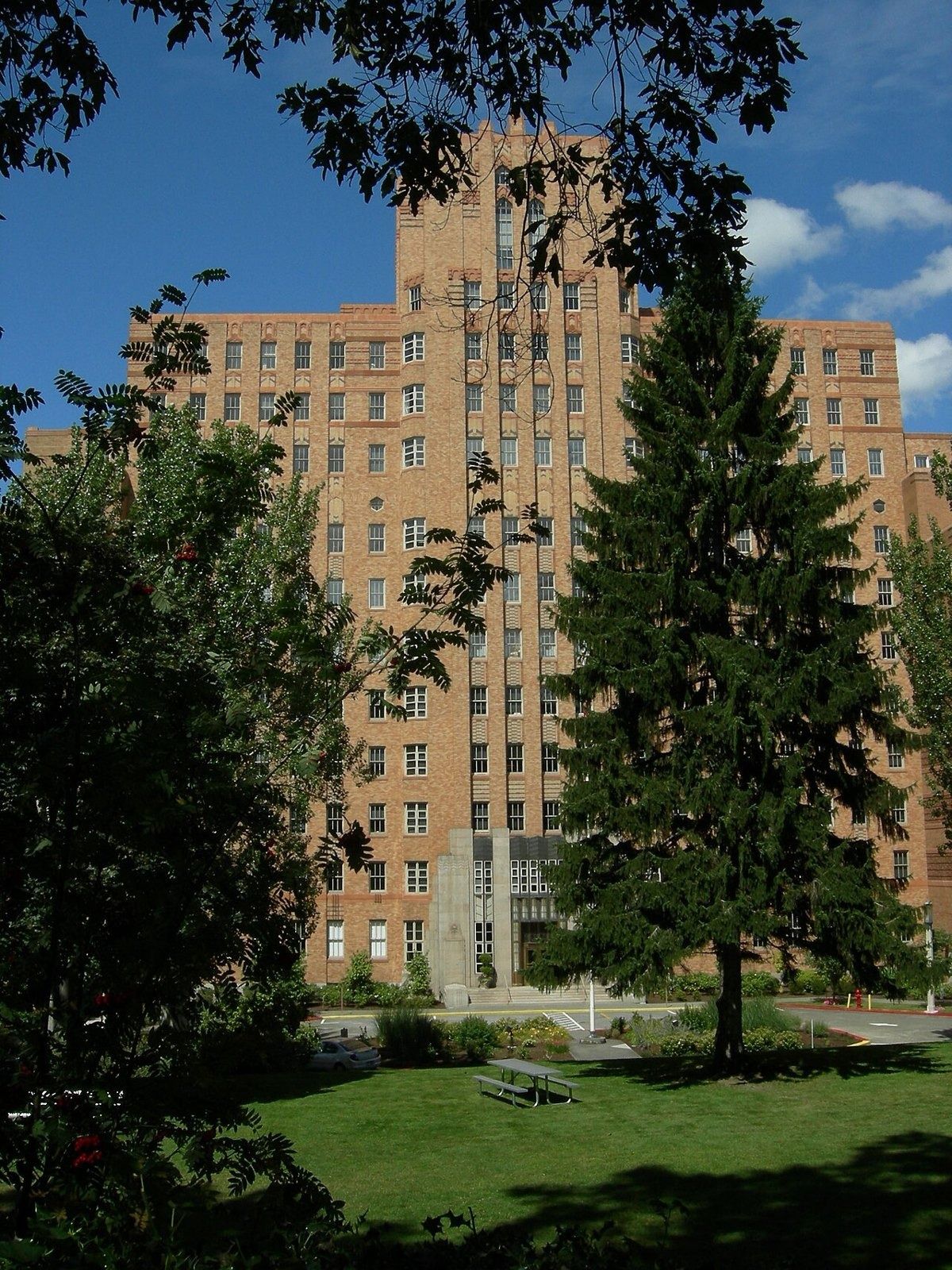 Brick Art Deco tower of the former Marine Hospital on Beacon Hill