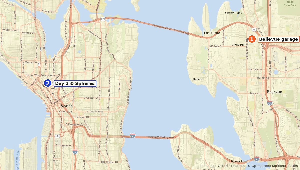 Map from Bellevue to downtown Seattle
