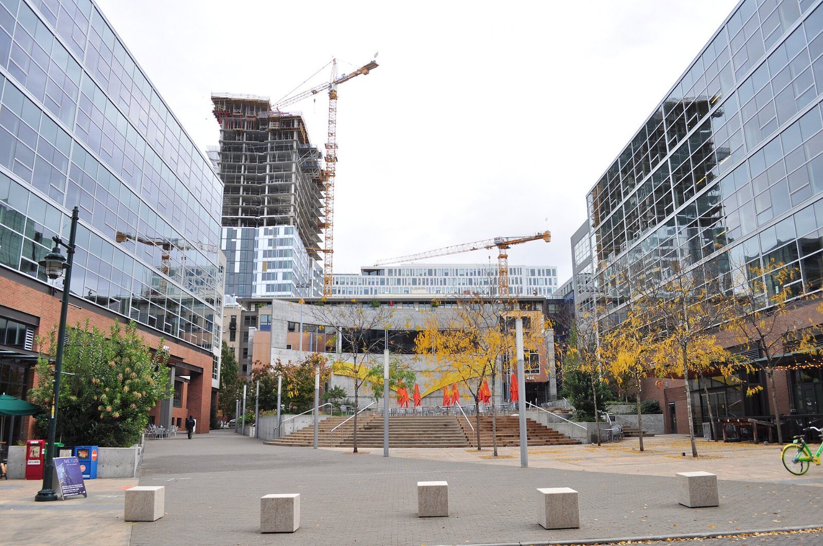 Plaza between glass office buildings