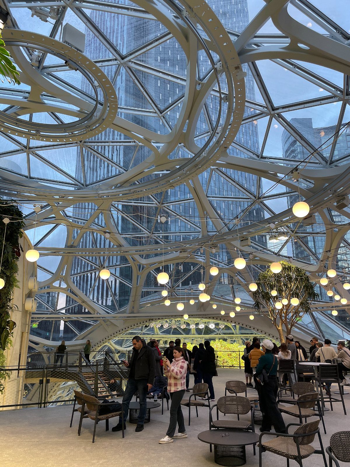 Steel lattice of the dome with hanging plants