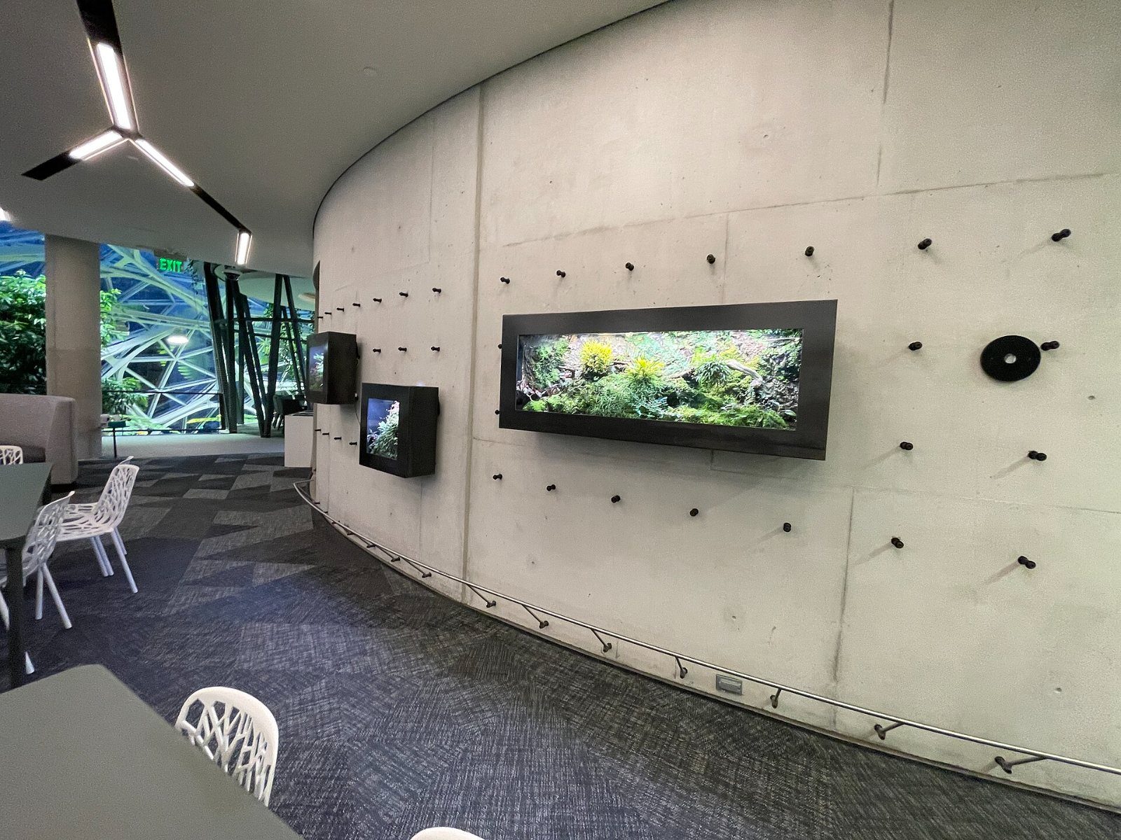 Lobby with a screen of plants and concrete walls