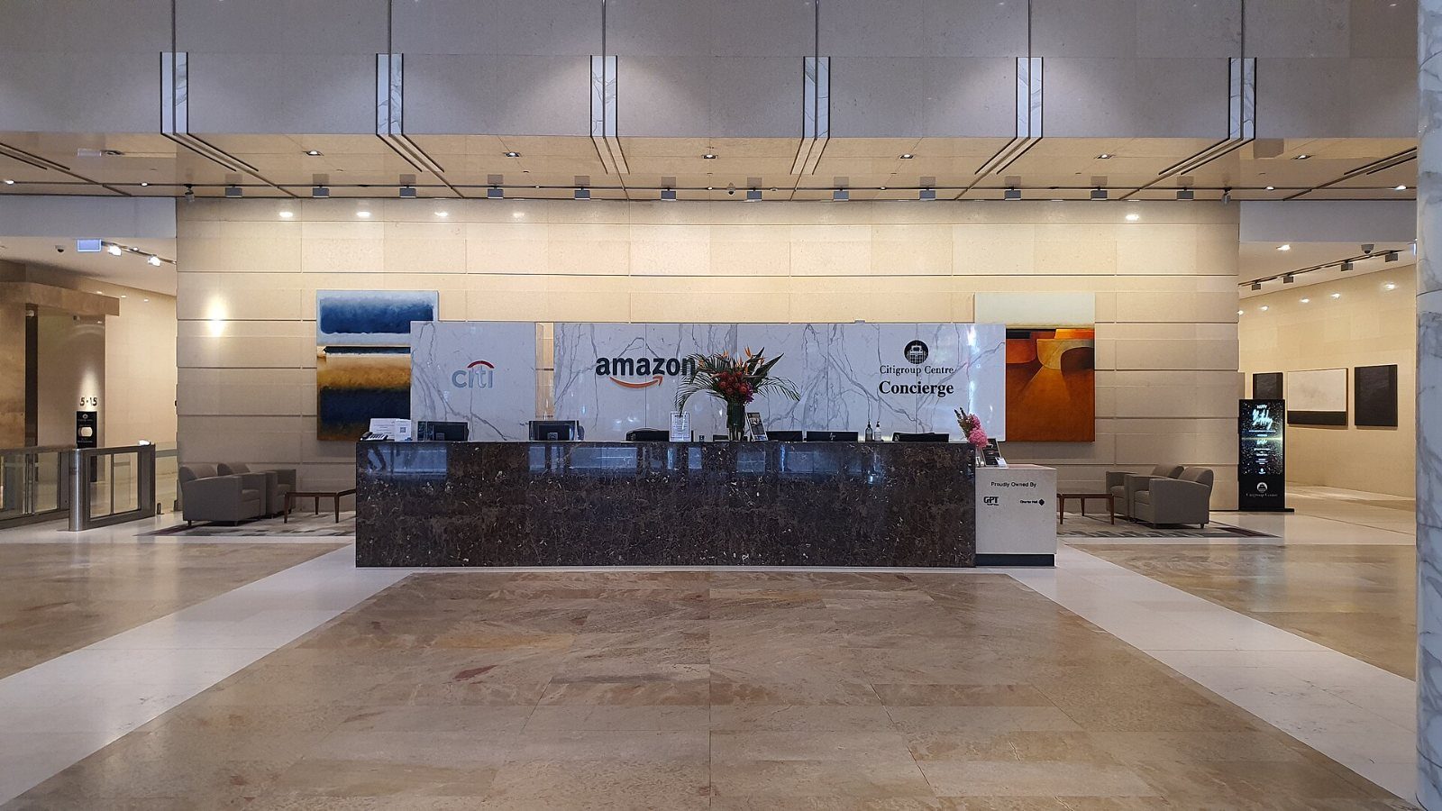 Reception desk in a bright lobby