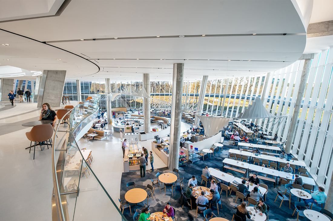 American Airlines: Large bright dining hall with long tables, food counters and white sculptural shapes hanging from the ceiling