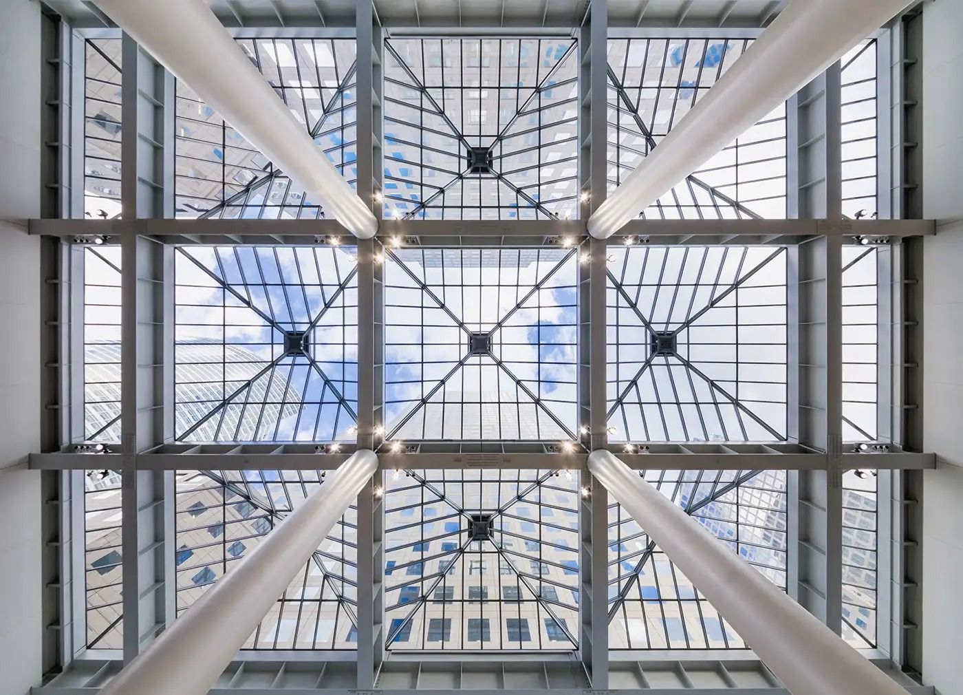 American Express: Glass roof with steel supports seen from below