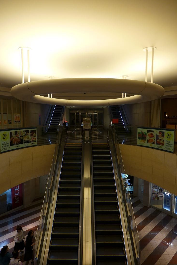ANA: Escalators leading down under a round lit ceiling