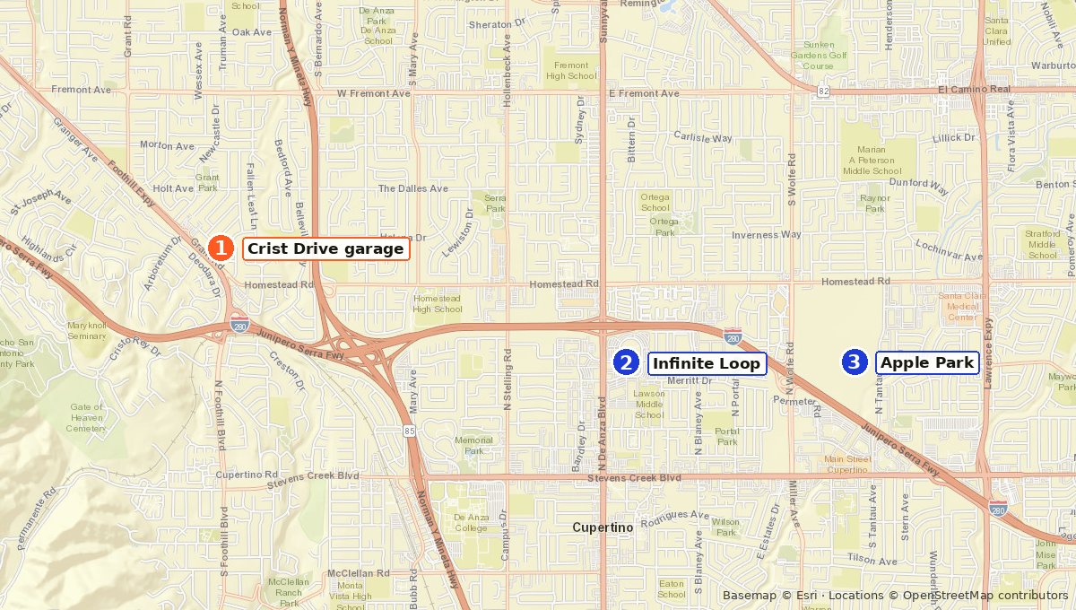 Map of Crist Drive, Infinite Loop and Apple Park