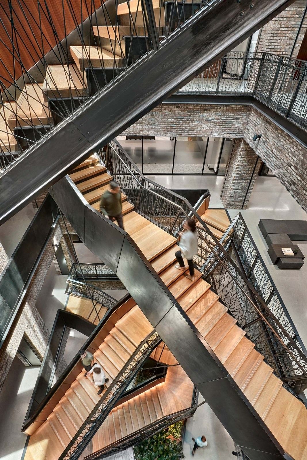 Aramark: Looking up through a steel and wood staircase
