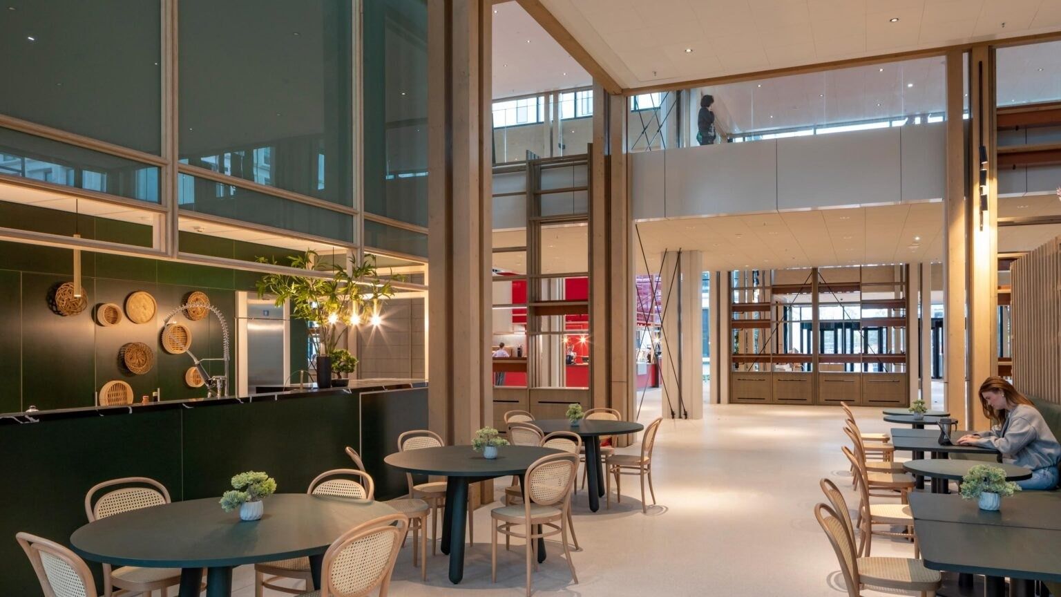 A café bar with round tables