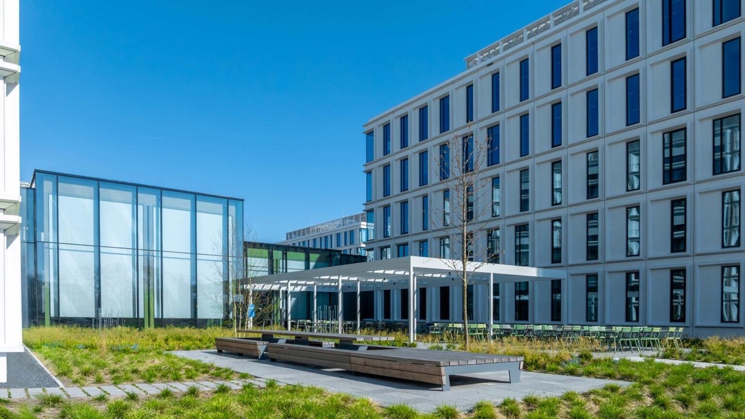 A glass bridge between buildings over the garden