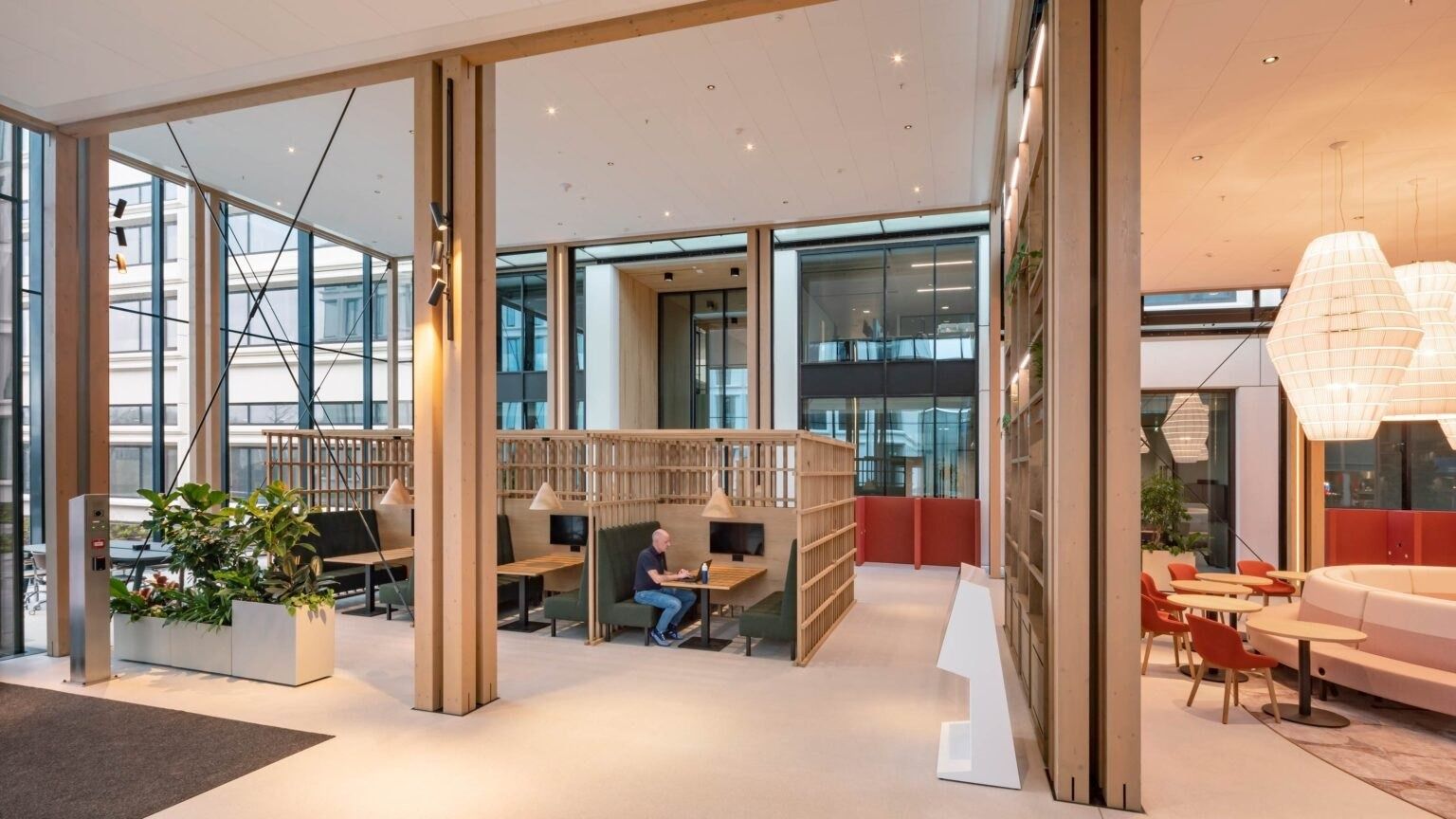 Workspaces among wood columns and brick