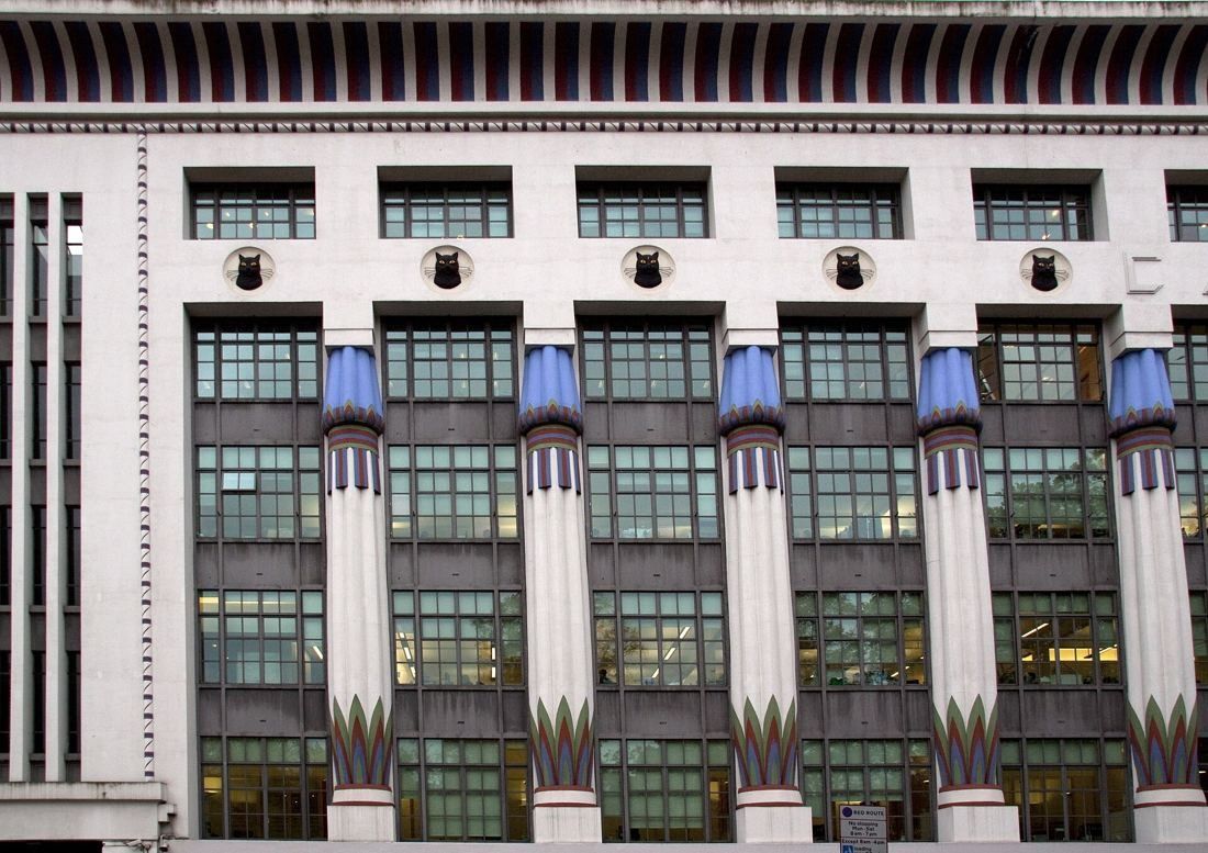 ASOS: Close view of columns with blue capitals and grid windows