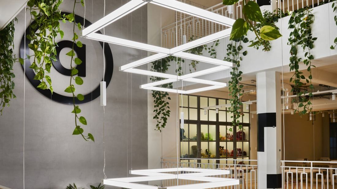ASOS: Geometric light fittings hung with trailing plants in the atrium