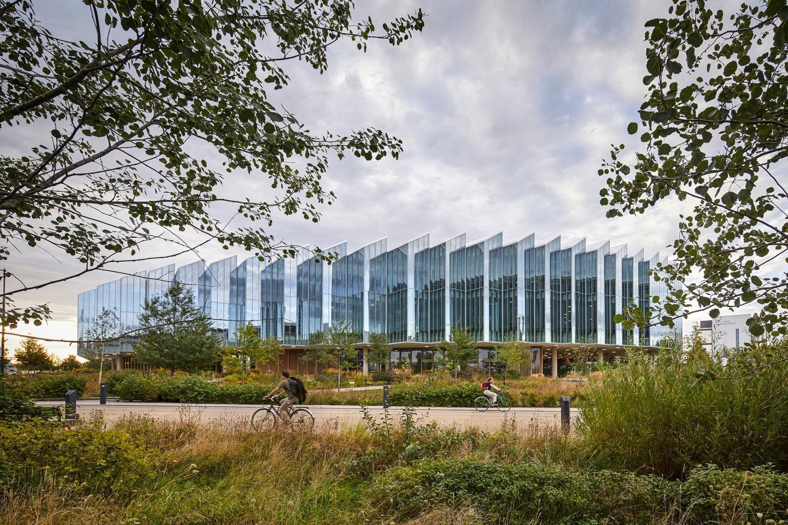 AstraZeneca: Long low glass building beyond trees