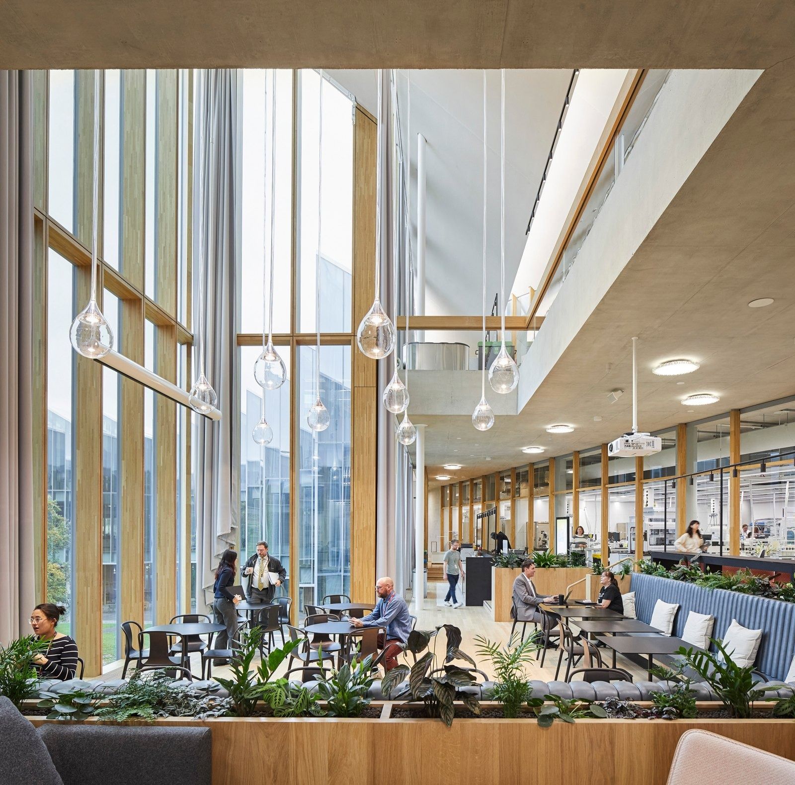 AstraZeneca: Tall timber-framed atrium with café seating