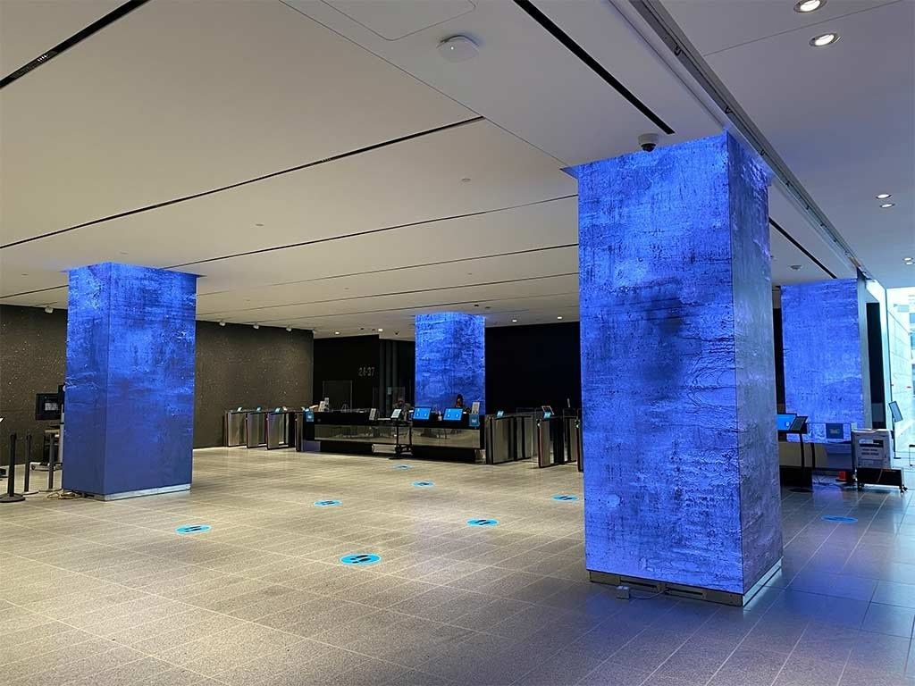 AT&T: Blue LED columns by the security gates