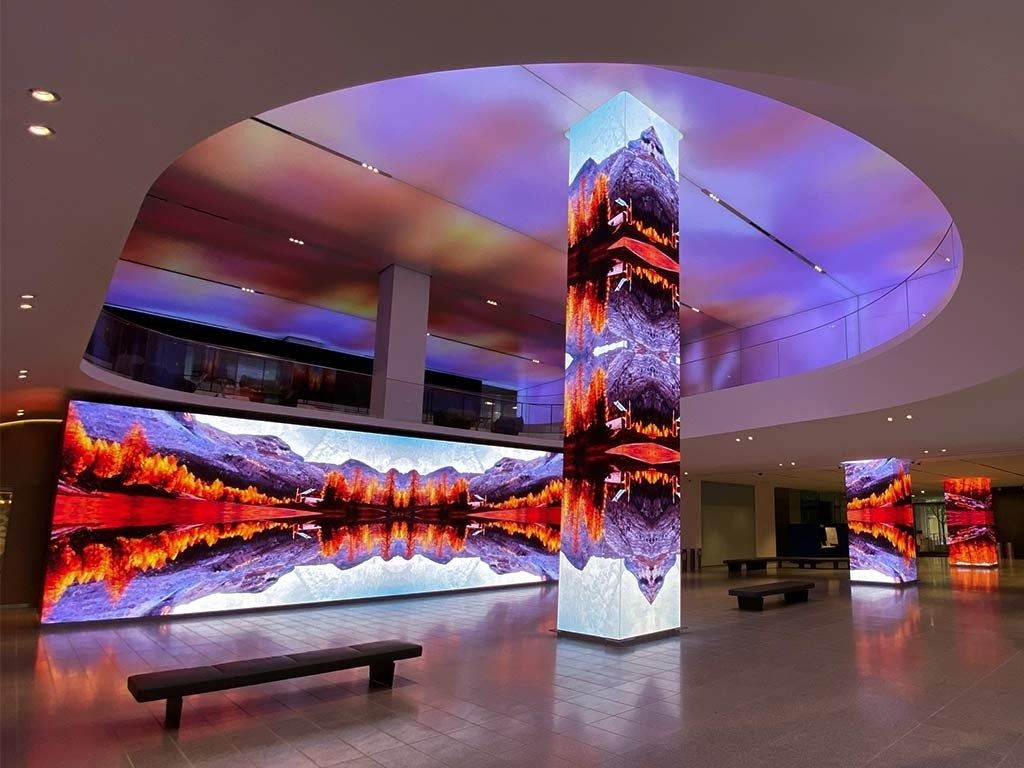 AT&T: LED wall and column showing a sunset scene in a lobby