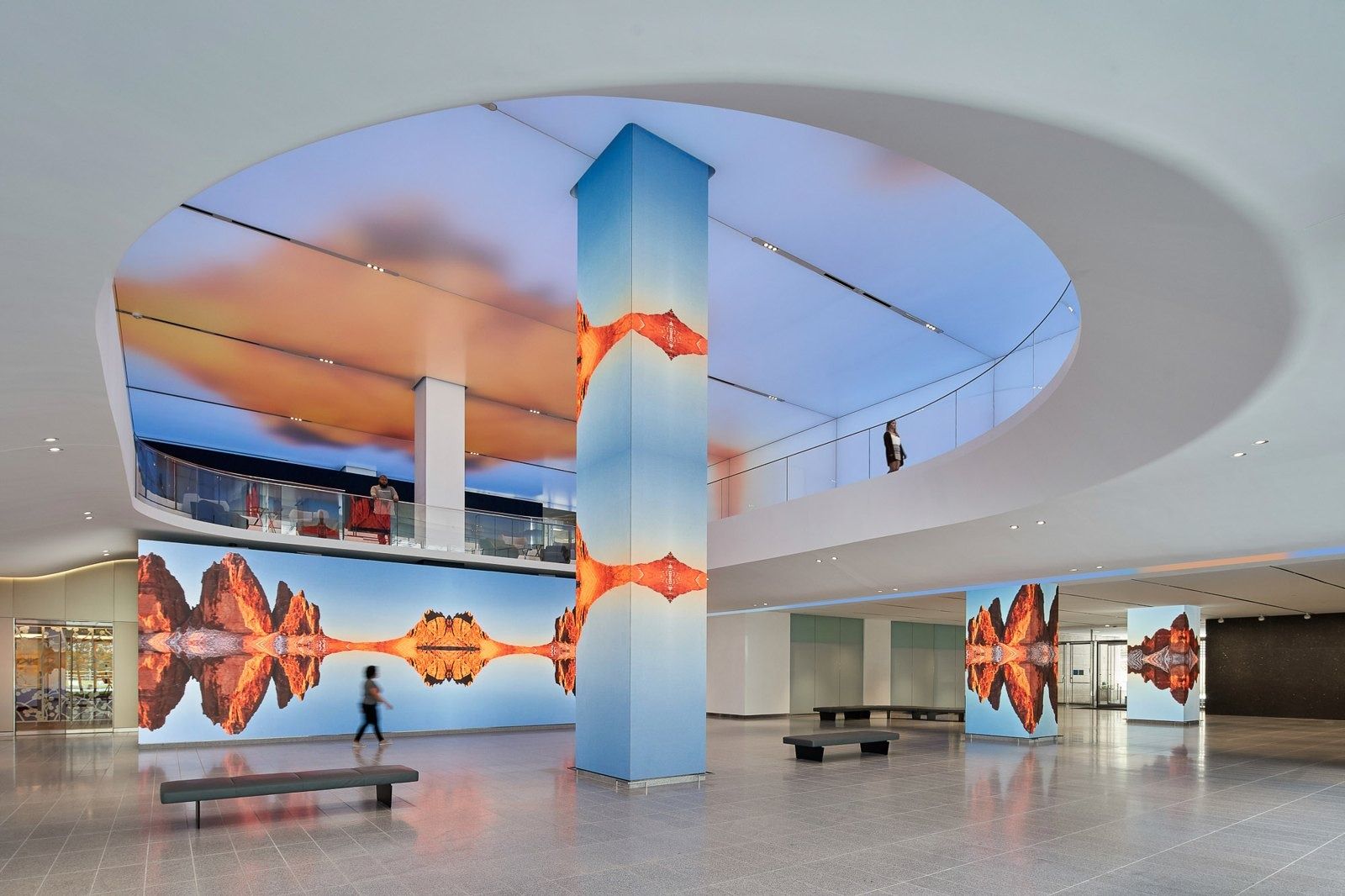 AT&T: Lobby with a sky-like ceiling and tall LED columns