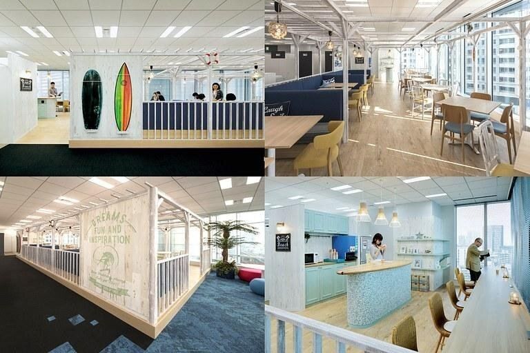 Bandai Namco: Four views of a beach-themed lounge with surfboards, white picket railings, blue booths and a pale-blue pantry