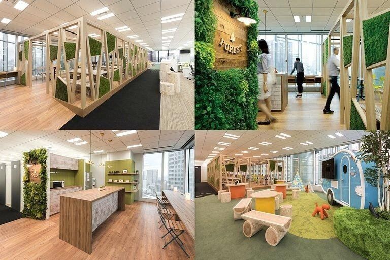 Four views of a forest-themed lounge with timber frames, moss walls, a pantry counter and a caravan-shaped booth