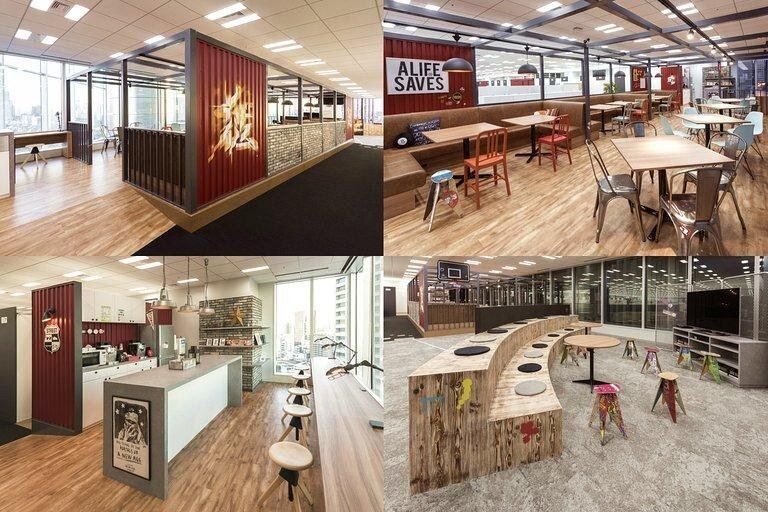 Bandai Namco: Four views of a lounge in red corrugated metal, brick and wood with cafe tables, a pantry and a curved timber bench