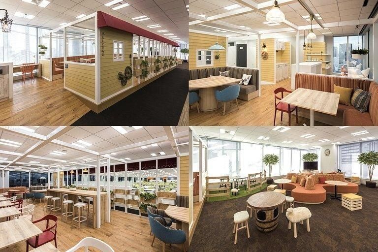 Bandai Namco: Four views of a lounge styled like wooden cottages, with striped sofas, high tables and wooden stools