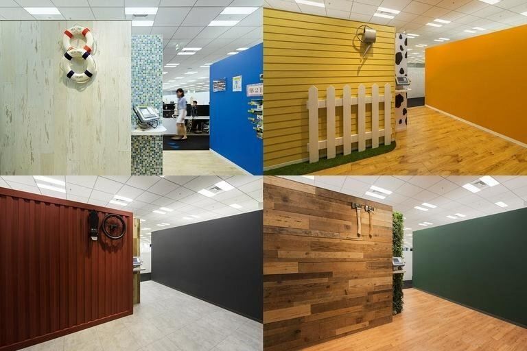 Bandai Namco: Four wall finishes in tile, yellow slats with a picket fence, red corrugated metal and reclaimed wood