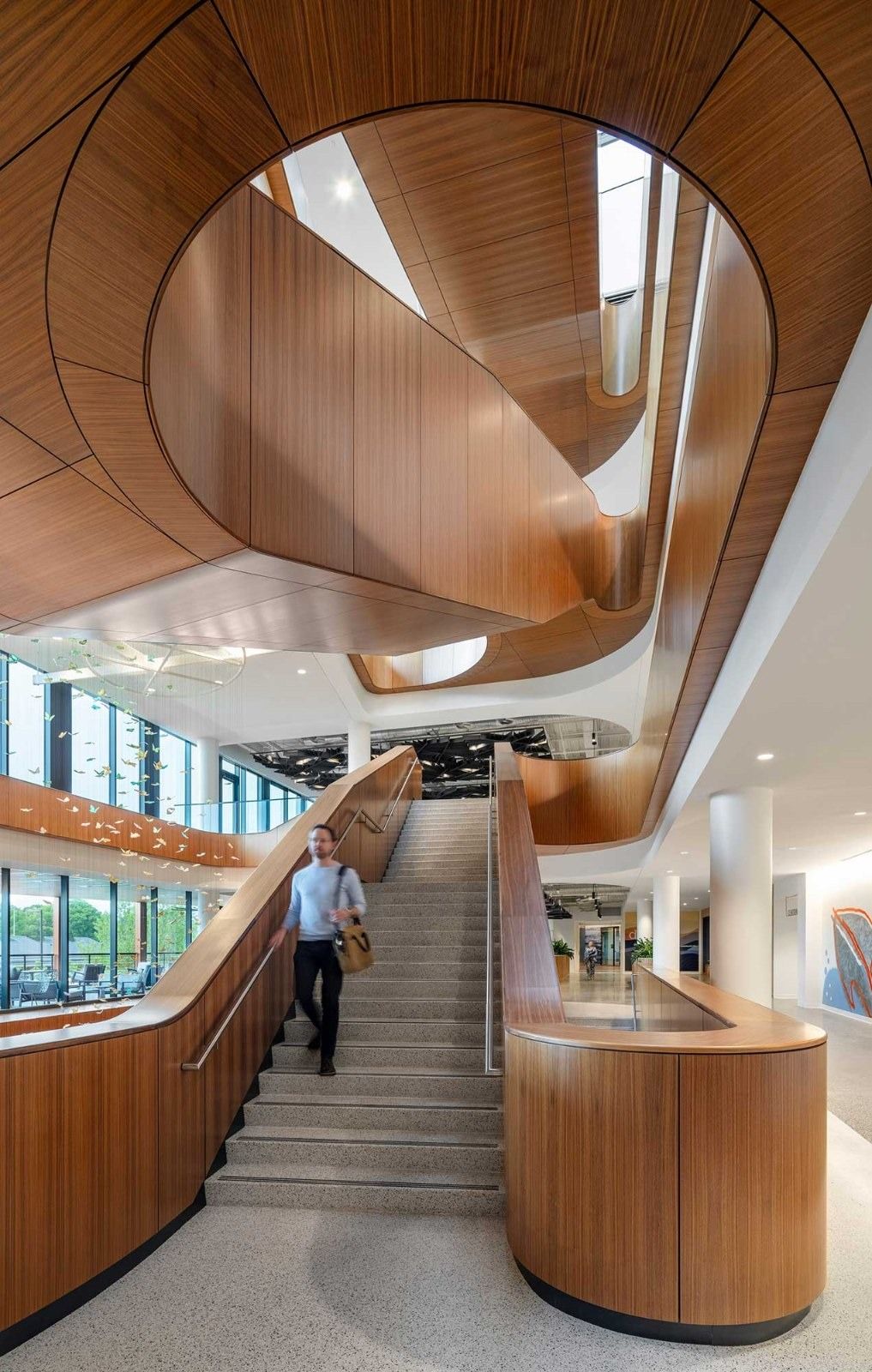 A spiral wooden staircase