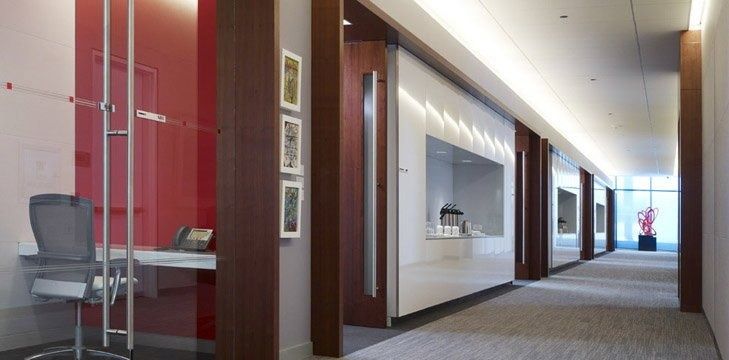 Bank of America: Corridor with red glass and wood panels