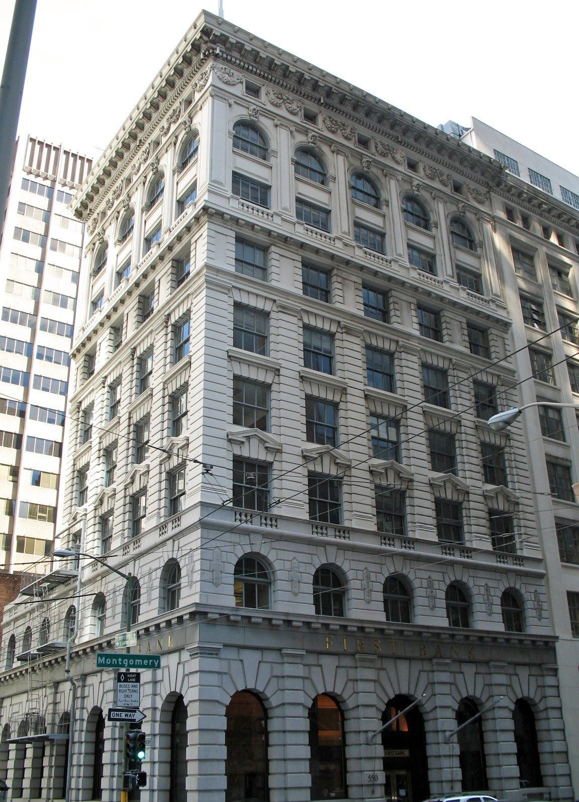 Ornate stone façade of the Bank of Italy Building