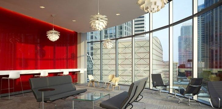 Bank of America: Lounge with red glass wall and city views