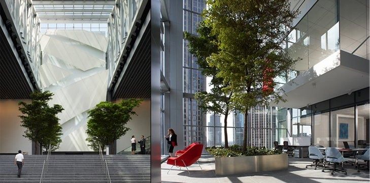 Bank of America: Two-storey atrium with trees and a wide stair