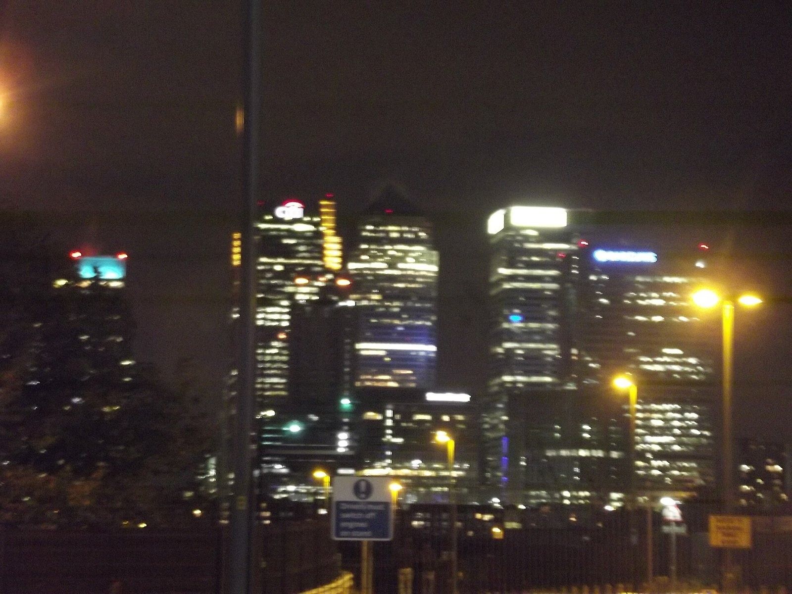 Barclays: Canary Wharf towers lit up at night