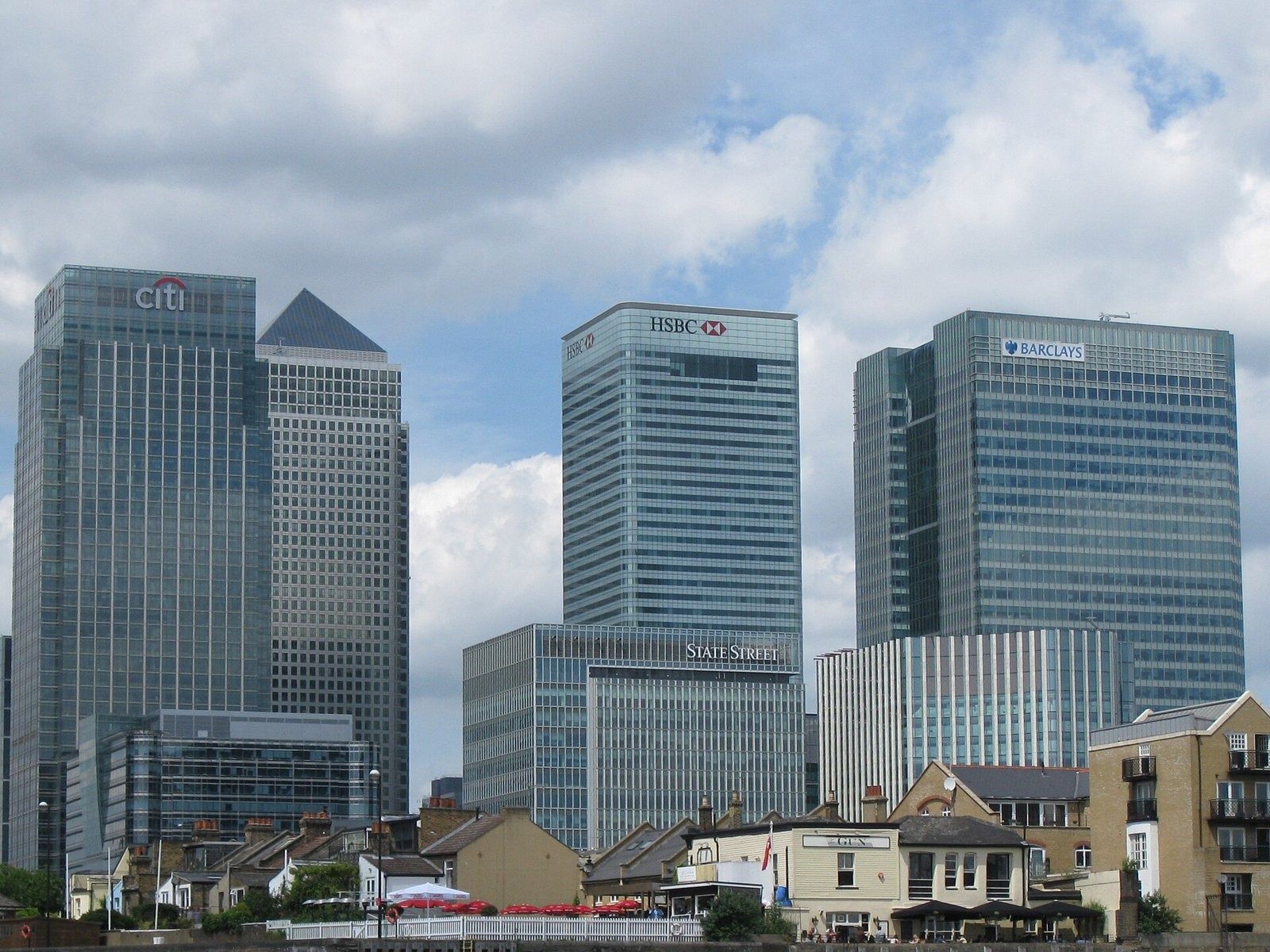 Barclays: Four office towers rising behind rows of houses