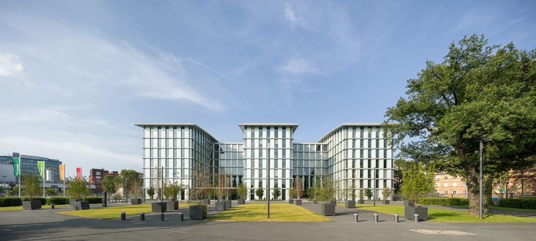 Three glass office blocks side by side behind a lawn and a large tree