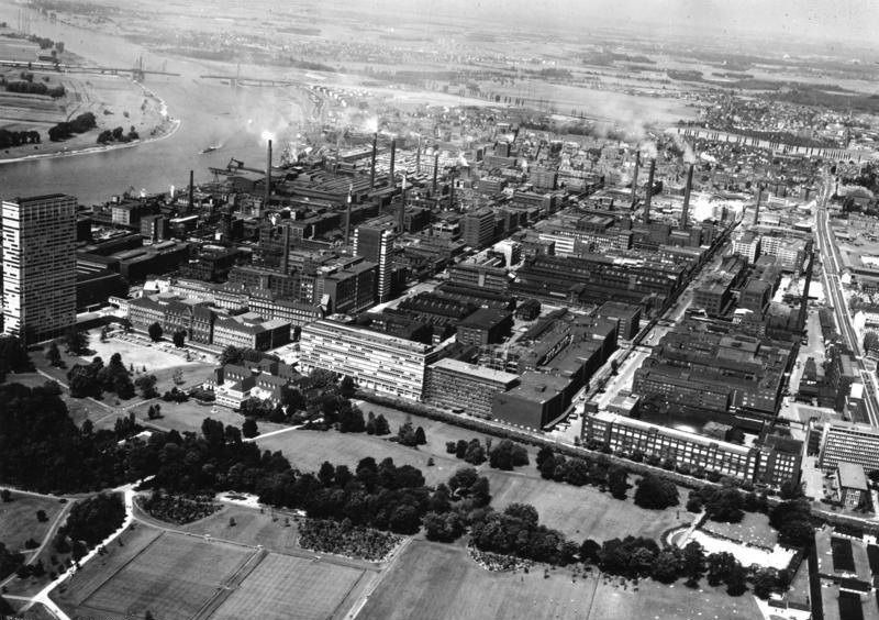 Black-and-white aerial view of a large chemical works