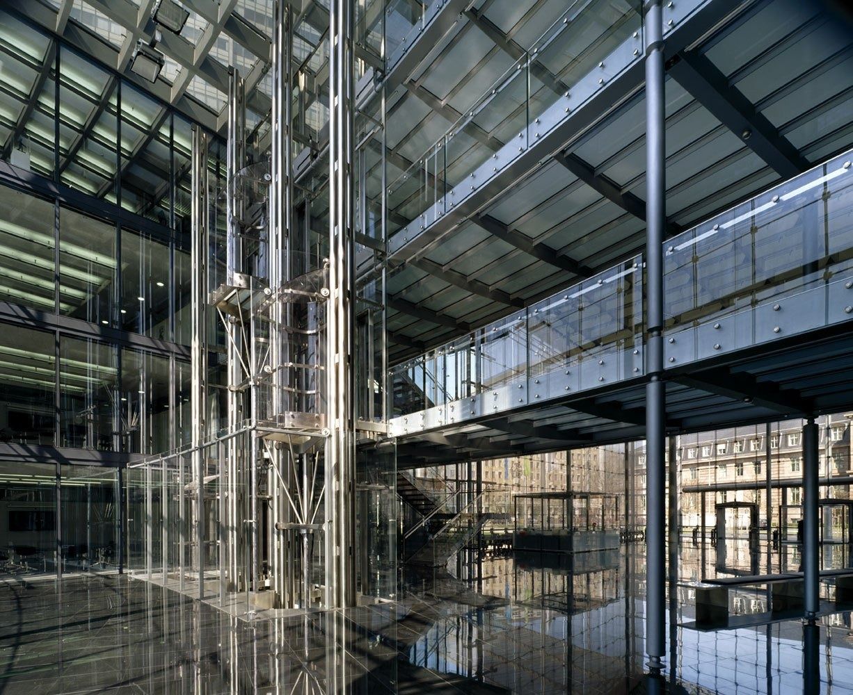 Bayer: Glass-walled atrium with steel structure