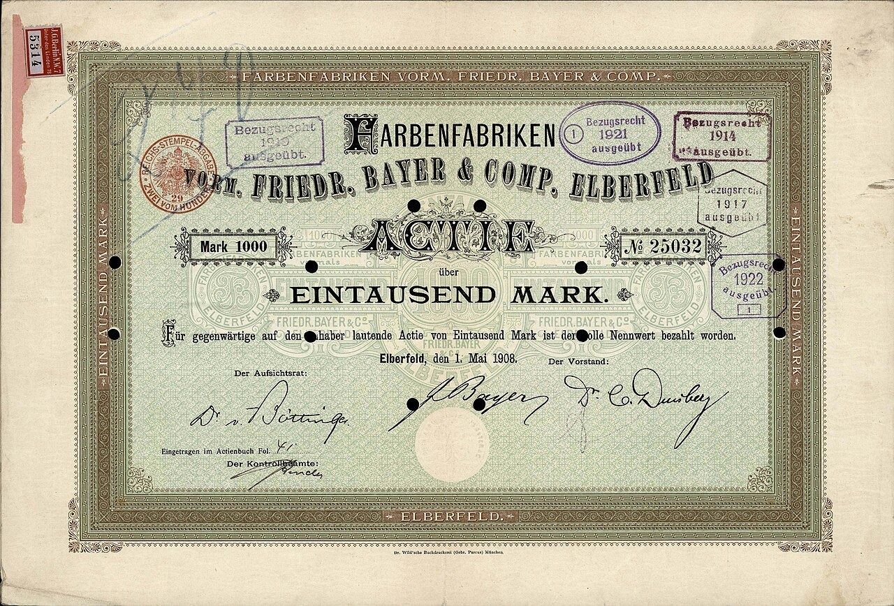 Old share certificate of Farbenfabriken vorm. Friedr. Bayer & Comp.