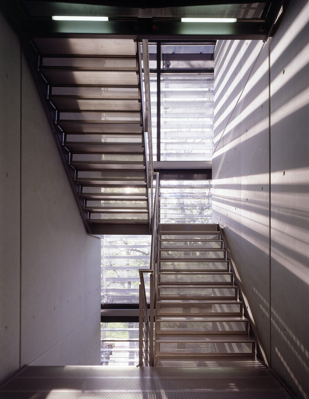 Bayer: Stairs between glass and steel walls