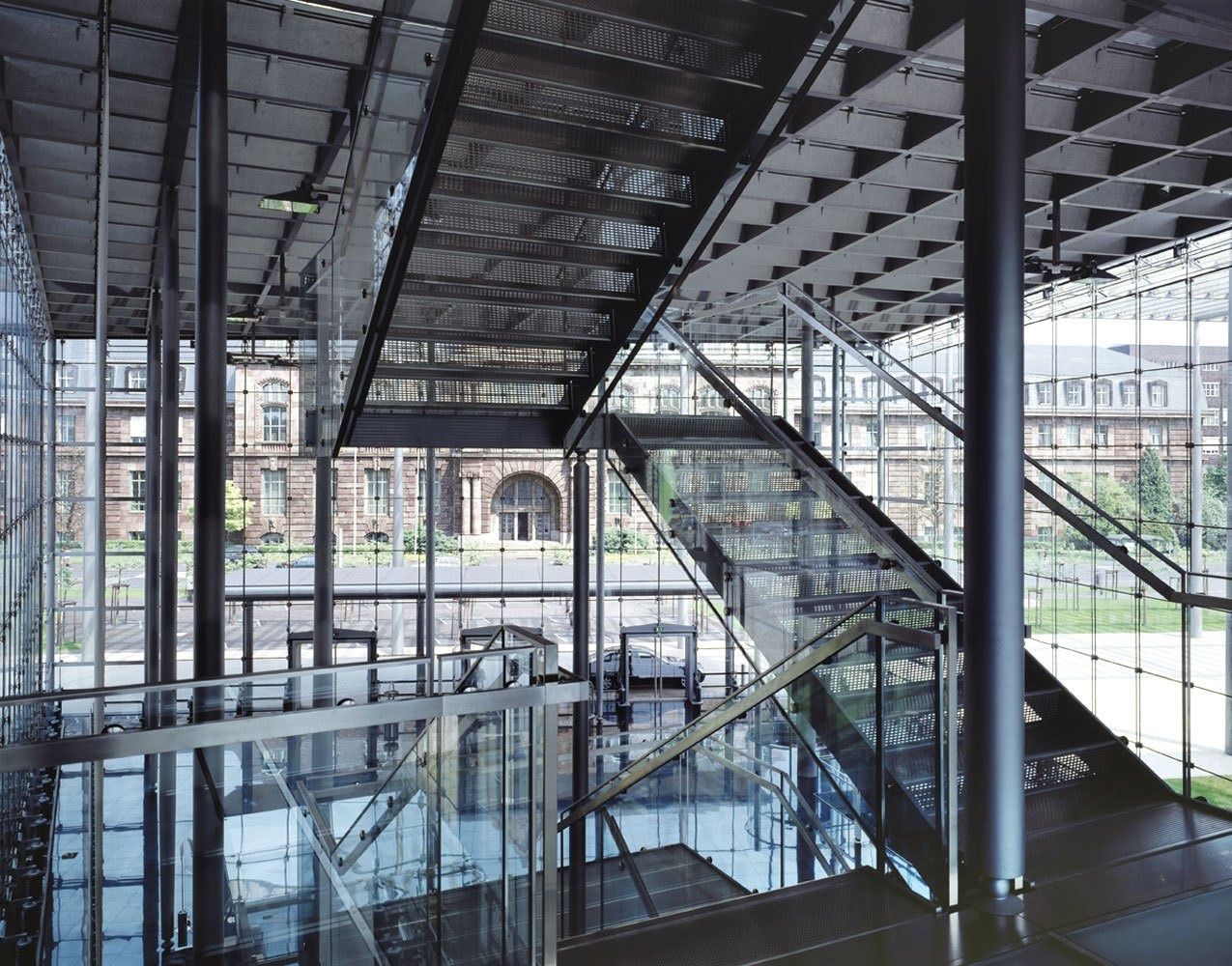 Bayer: Steel staircase inside a glass hall