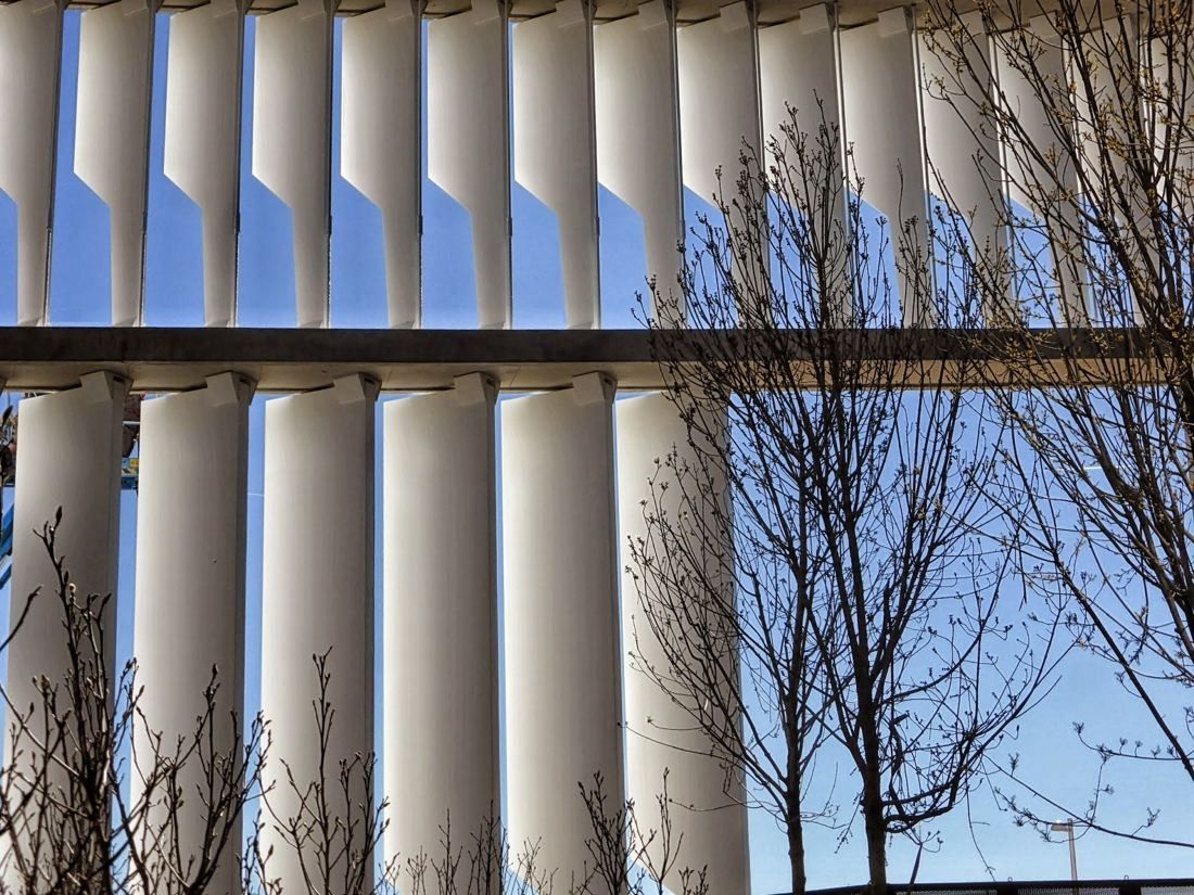 BBVA: Close-up of white vertical shading fins with bare tree branches against the sky