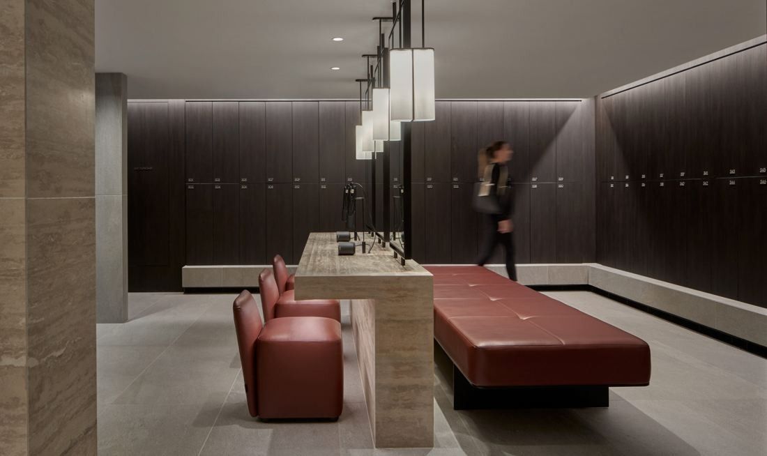 BHP: End-of-trip area with dark timber lockers and red leather benches