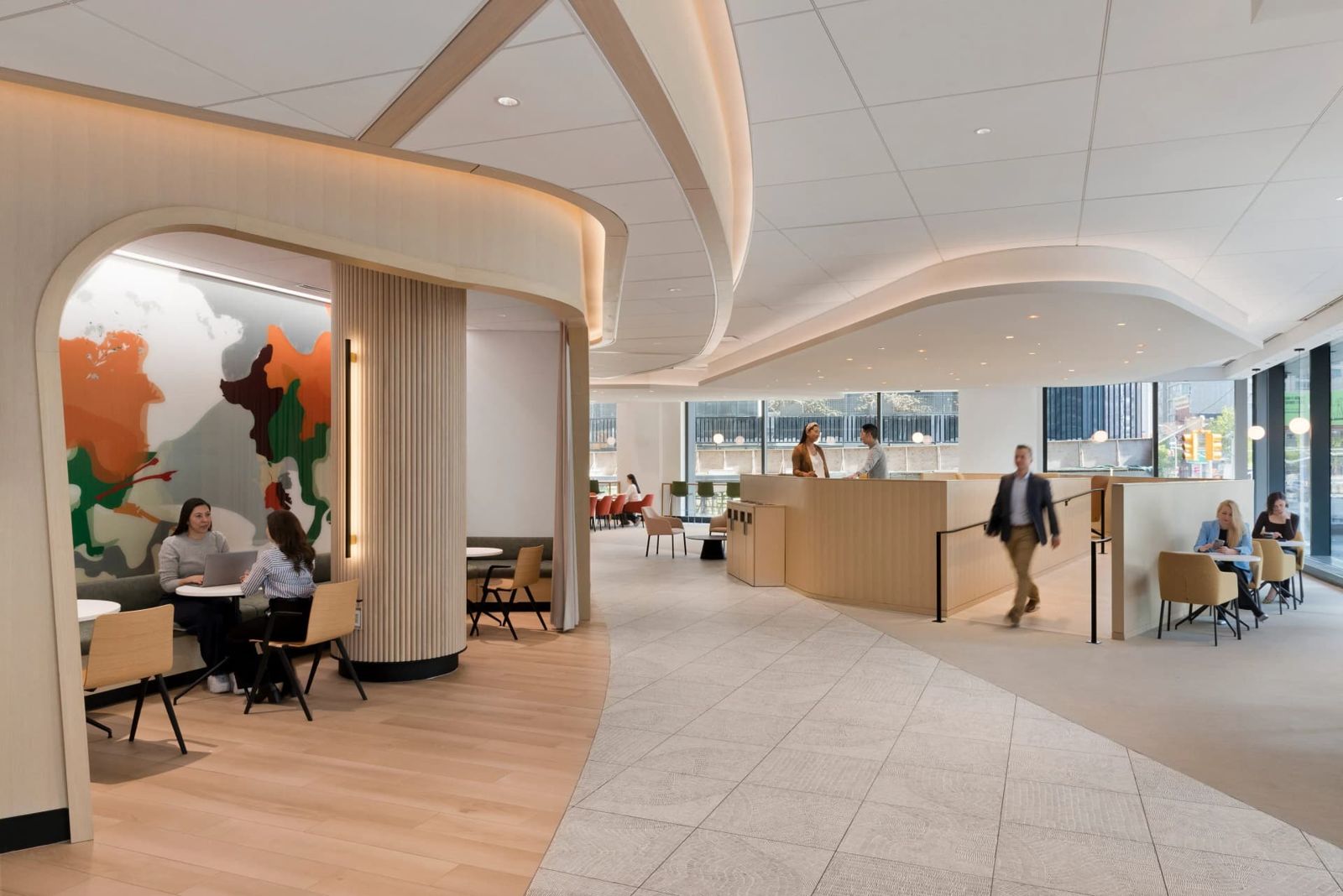 BlackRock: Open floor with a curved wooden arch and a mural