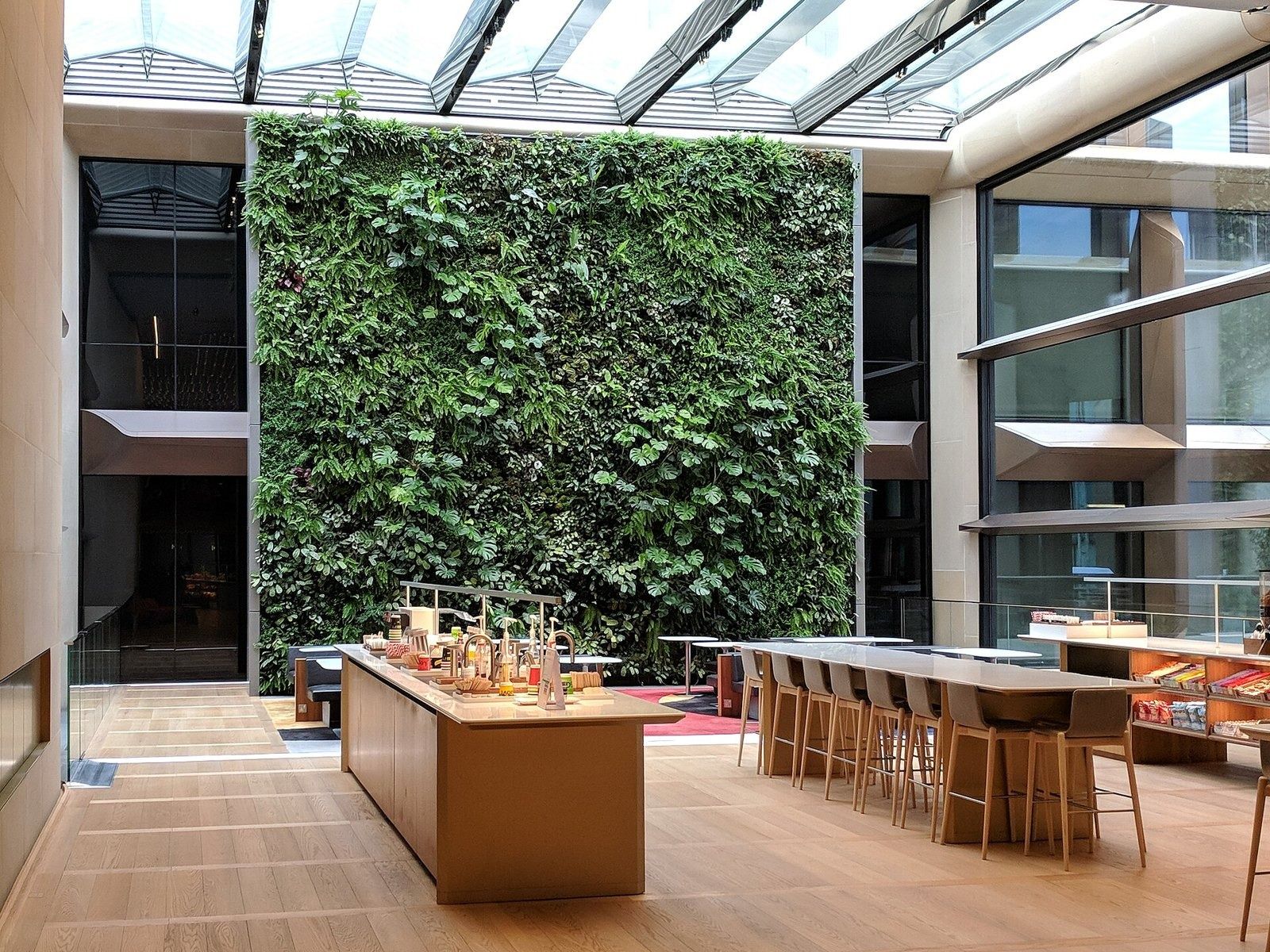 Bloomberg: A green wall beside a long kitchen counter under a skylight