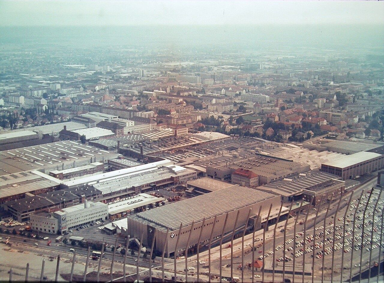 Aerial view of factory halls in 1969