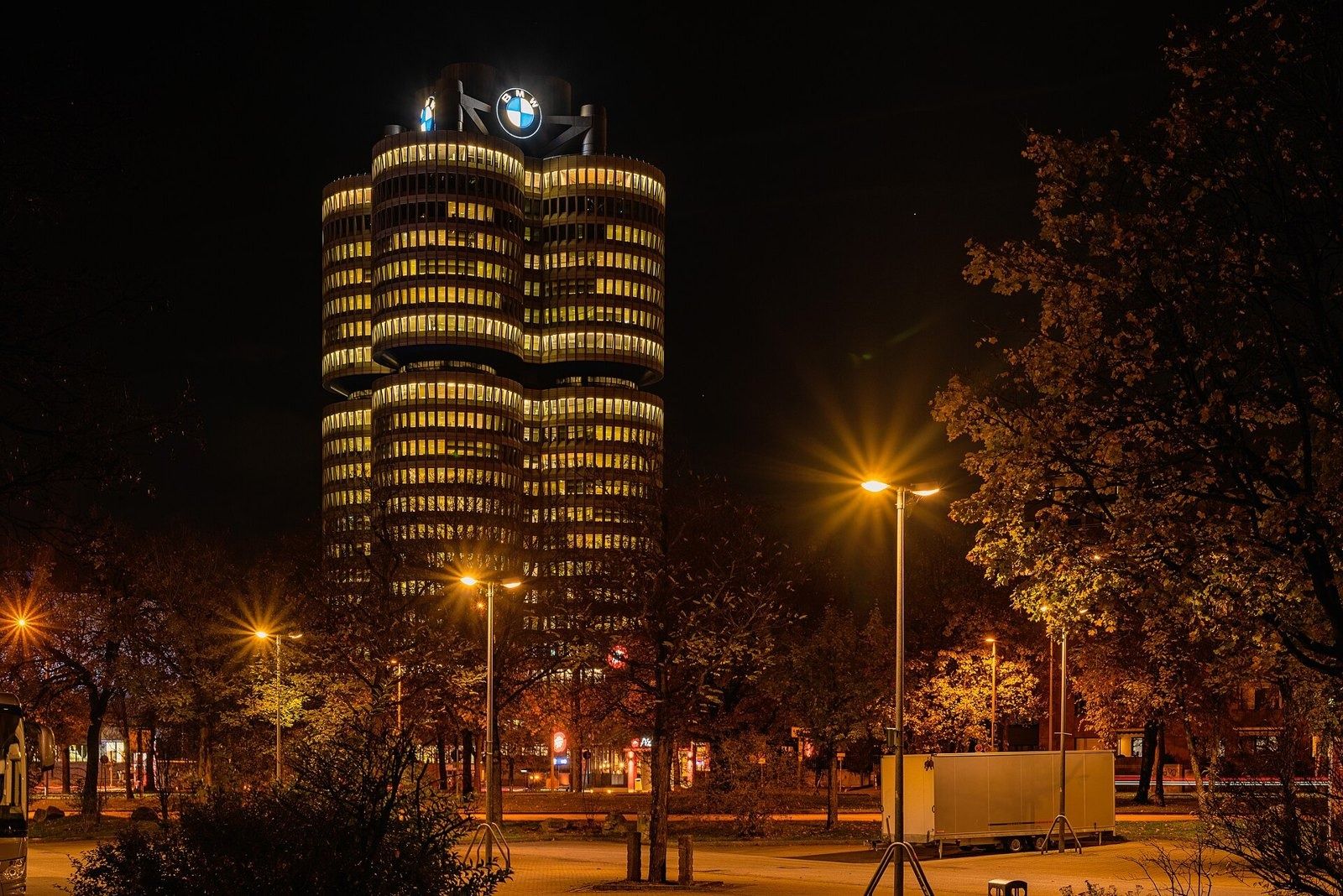 BMW Group: Tower lit at night