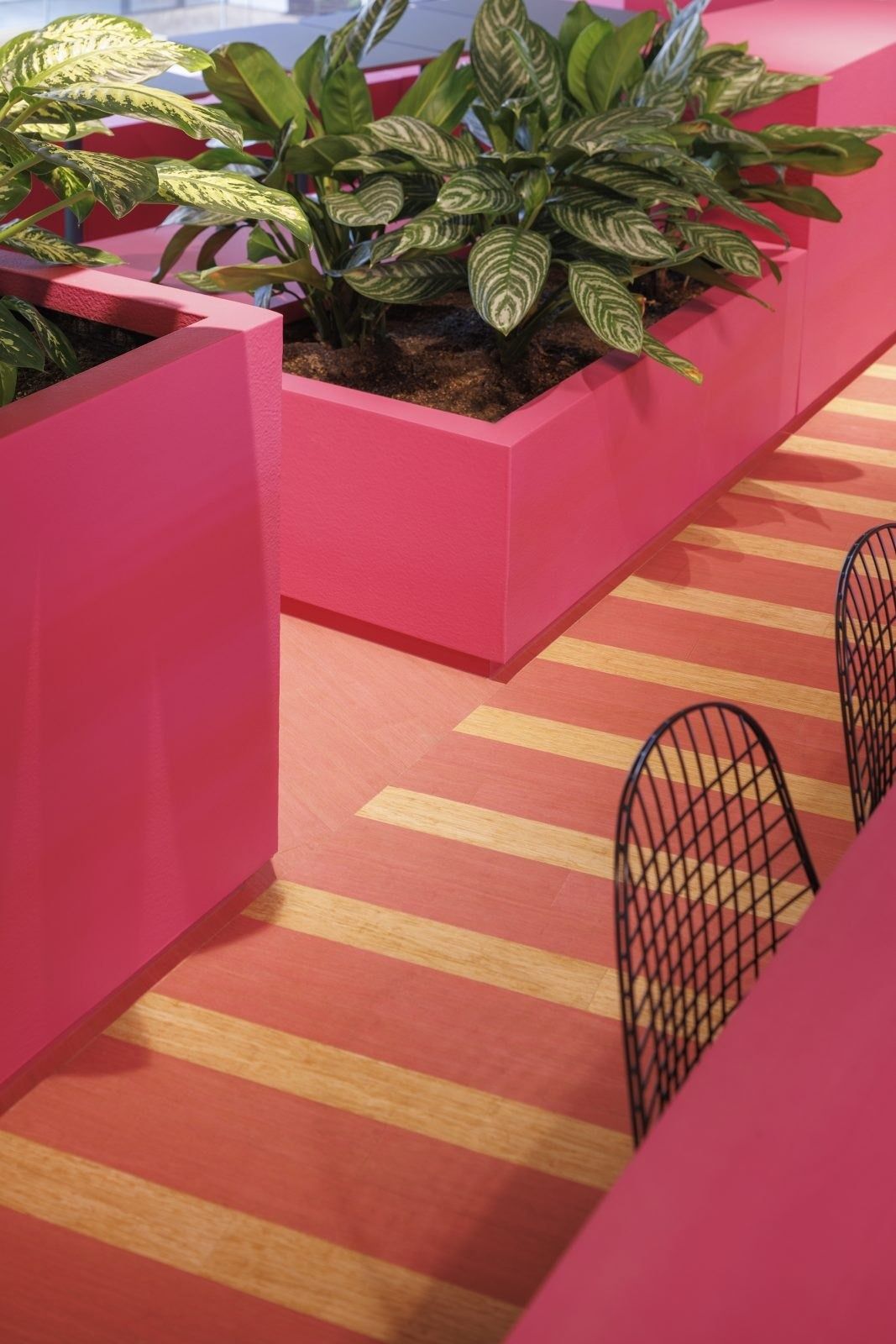 Booking Holdings: Pink planter and chair on a striped floor