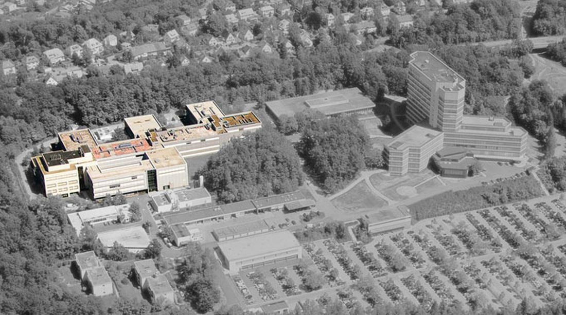 Bosch: Black-and-white aerial view of a campus of office buildings among trees and orchards